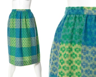 Vintage 1960s Skirt | 60s JANTZEN Wool Checkered Plaid Green Blue High Waisted Winter Fall Full Swing Skirt (small)