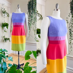 Vintage 1980s Dress | 80s Silk Rainbow Striped Color Block Wiggle Sheath Sundress (small/medium)