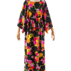 Vintage 1970s Maxi Dress 70s Floral Printed Kimono Sleeve Black Floral Full Length Witchy Boho Dress small/medium image 3