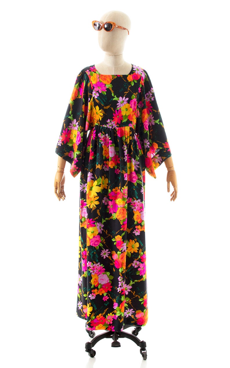 Vintage 1970s Maxi Dress 70s Floral Printed Kimono Sleeve Black Floral Full Length Witchy Boho Dress small/medium image 3