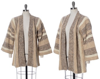 Vintage 1970s Cardigan | 70s Knit Wool Striped Earth Tones Cozy Wide Sleeve Boho Sweater Coat (medium/large)