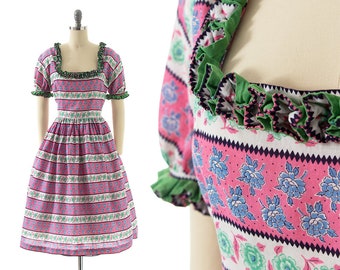 75 DRESS SALE /// Vintage 1960s 1970s Dress | 60s 70s Floral Rose Striped Printed Cotton Pink White Ruffled Square Dance Day Dress (small)