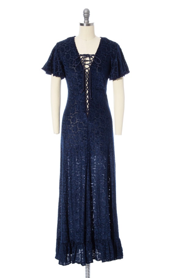RARE Vintage 1970s GUNNE SAX Dress | 70s Navy Blue Bu… - Gem
