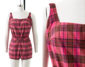 Vintage 1950s Romper | 50s Pink Plaid Cotton Belted Shorts Playsuit (small)