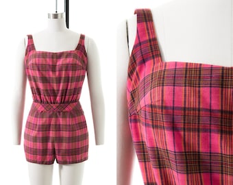 Tuta vintage anni &#39;50 / Tuta corta in cotone a quadri rosa anni &#39;50 con cintura (piccola)