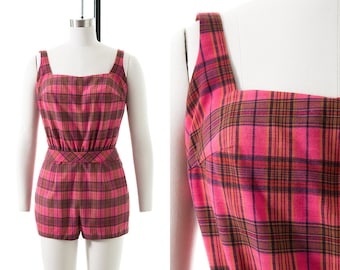 Vintage 1950s Romper | 50s Pink Plaid Cotton Belted Shorts Playsuit (small)