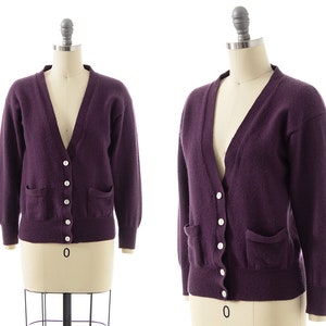 Vintage 1980s Cardigan | 80s Eggplant Purple Wool Button Up Sweater Top with Pockets (x-small/small)