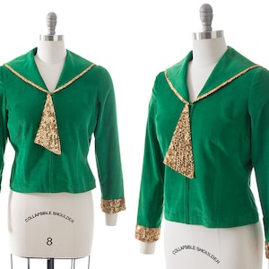 Vintage 1950s Blouse | 50s Metallic Gold Sequin Kelly Green Corduroy Sailor Top (small/medium)