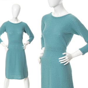 Vintage 1950s Dress | 50s Bouclé Knit Wool Light Blue Fall Winter Sweater Dress (small)