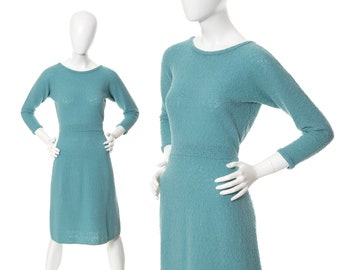 Vintage 1950s Dress | 50s Bouclé Knit Wool Light Blue Fall Winter Sweater Dress (small)