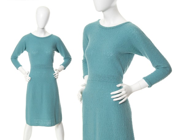 Vintage 1950s Dress | 50s Bouclé Knit Wool Light … - image 1