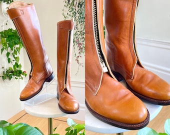 Vintage 1970s Campus Boots | 70s Caramel Brown Leather Knee High Boho Riding Boots | size US 7