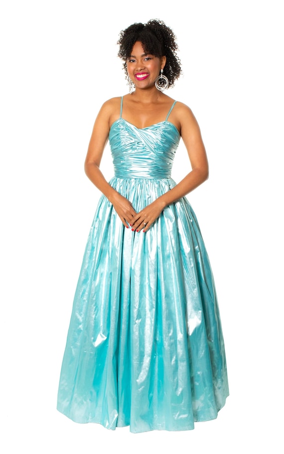 Vintage 1970s Gown 70s Does 1950s DEADSTOCK Iridescent Ice Blue Wet Look Sweetheart Full Length Fit Flare Maxi Prom Party Dress small Etsy