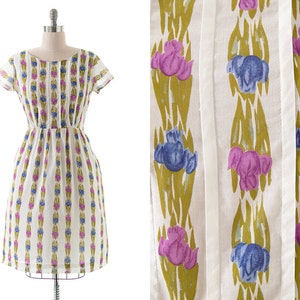Vintage 1950s 1960s Dress | 50s 60s Iris Tulip Floral Printed Striped White Cotton Fit and Flare Midi Day Dress (large)