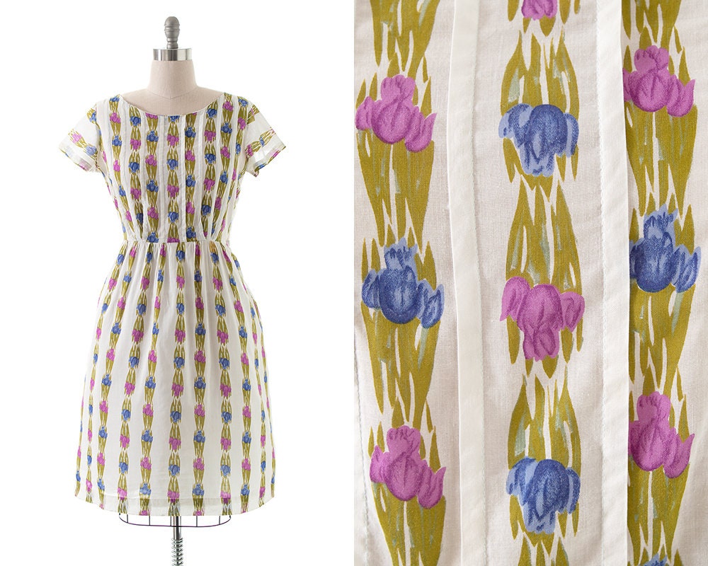 Vintage 1950S 1960S Dress | 50S 60S Iris Tulip Floral Printed Striped White Cotton Fit & Flare Midi Day | Large