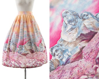 Vintage 1950s Skirt | 50s MILLWORTH "MT RUSHMORE" Novelty Border Print Pink Cotton Full Swing Skirt (medium)