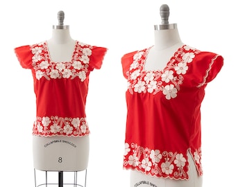 Vintage 1980s Top | 80s Floral Embroidered Red Cotton Summer Blouse (small/medium)