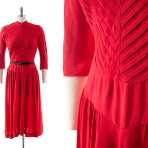 Vintage 1940s Dress 40s Red Rayon Pleated Fit and Flare Full Skirt Holiday Evening Cocktail Formal Dress medium image 1