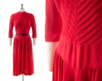Vintage 1940s Dress | 40s Red Rayon Pleated Fit and Flare Full Skirt Holiday Evening Cocktail Formal Dress (medium)
