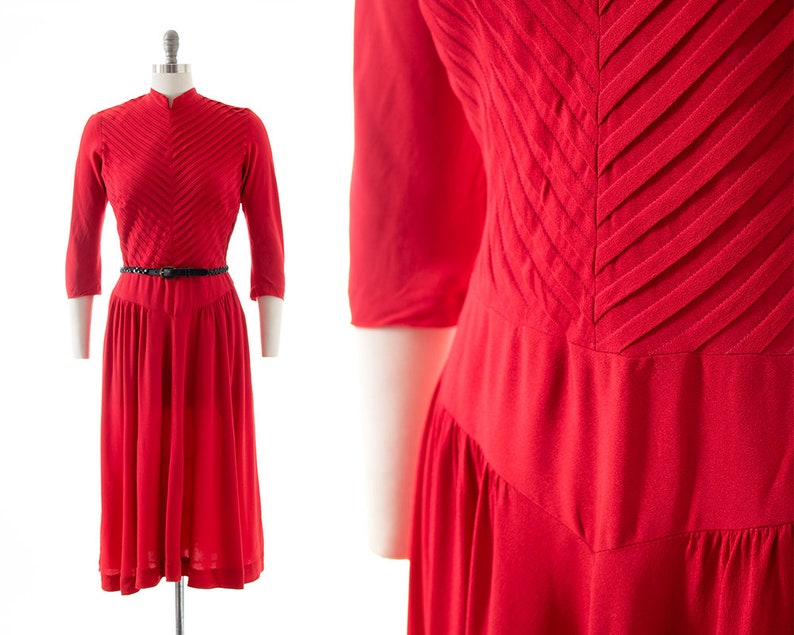 Vintage 1940s Dress 40s Red Rayon Pleated Fit and Flare Full Skirt Holiday Evening Cocktail Formal Dress medium image 1