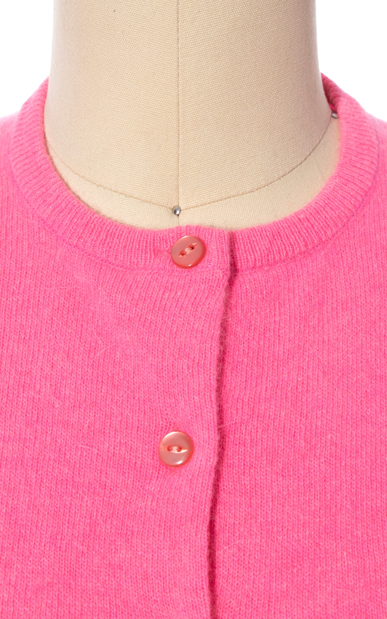 Vintage 1960s Cardigan 60s Hot Neon Pink Knit Wool Angora Mohair Button Up Long Sleeve Sweater Top x-small/small image 7