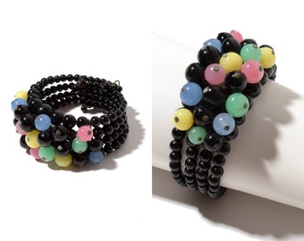 Vintage 1960s Bracelet | 60s Colorful Beaded Bobbles Black Plastic Beads Adjustable Cuff Bracelet