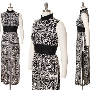 Vintage 1960s 1970s Dress | 60s 70s Mosaic Tile Geometric Printed High Open Side Slits Psychedelic Black White Tunic Maxi (small/medium)
