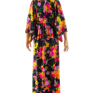 Vintage 1970s Maxi Dress 70s Floral Printed Kimono Sleeve Black Floral Full Length Witchy Boho Dress small/medium image 5