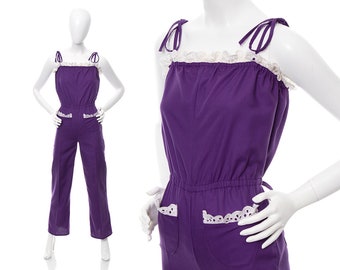 Vintage 1970s Jumpsuit | 70s Purple Cotton Lace Spaghetti Strap Summer Jumpsuit with Pockets (x-small)