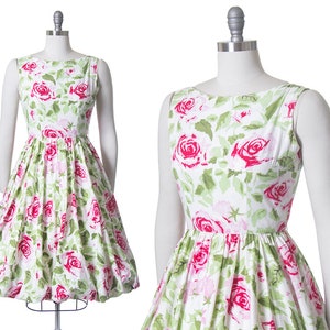 Vintage 1950s Dress | 50s JERRY GILDEN Rose Floral Print Cotton Sundress White Red Bubble Hem Day Dress (small)