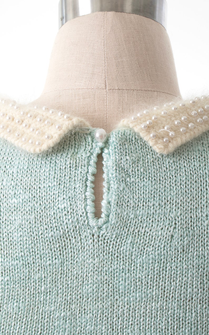 Vintage 1980s Sweater 80s Pearl Beaded Collar Angora Knit Blend Light Blue Fuzzy Cozy Top small/medium image 7