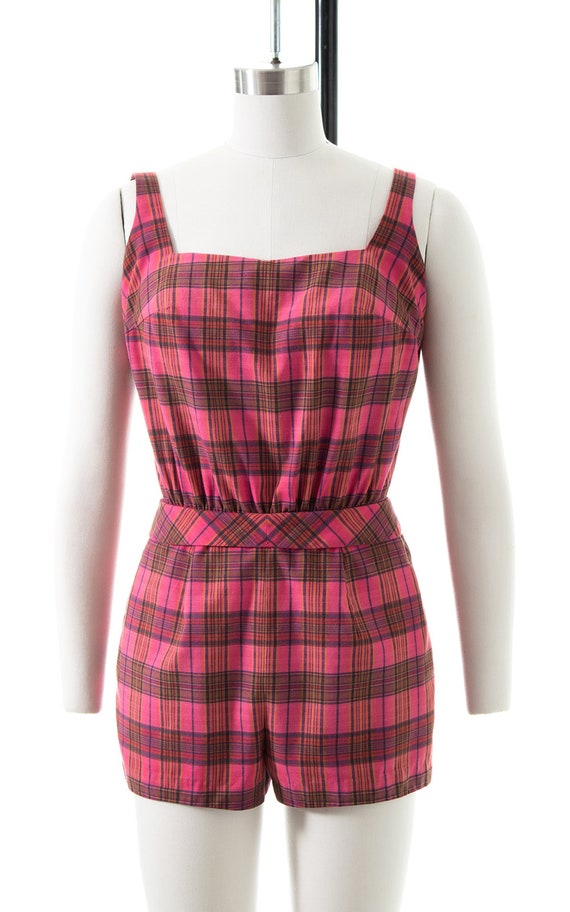 Vintage 1950s Romper | 50s Pink Plaid Cotton Belt… - image 2