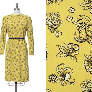 Vintage 1940s Dress | 40s Novelty Print Rayon Crepe Chartreuse Animal Deer Bunny Floral Printed Long Sleeve Shift Dress (medium)