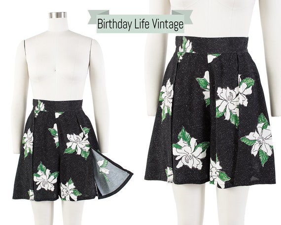 Vintage 1930s Style Shorts | 80s Black Floral Rayo