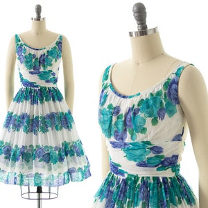 Vintage 1950s 1960s Sundress | 50s 60s Rose Floral Striped Printed Sheer Cotton Voile White Blue Full Skirt Fit & Flare Day Dress (x-small)