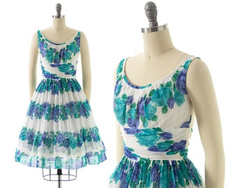 Vintage 1950er 60er Jahre Sommerkleid | 50er 60er Jahre 50s Floral Gestreift Bedruckt Baumwolle Voile Weiß Blau Fit & Flare Tageskleid (x-small)
