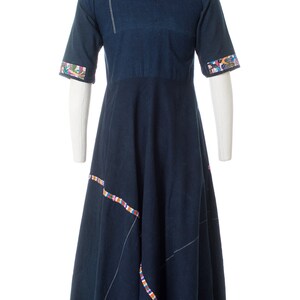Vintage 1970s Huipil Dress 70s Guatemalan Woven Embroidered Floral Rose & Birds Navy Blue Cotton Maxi Dress small image 4