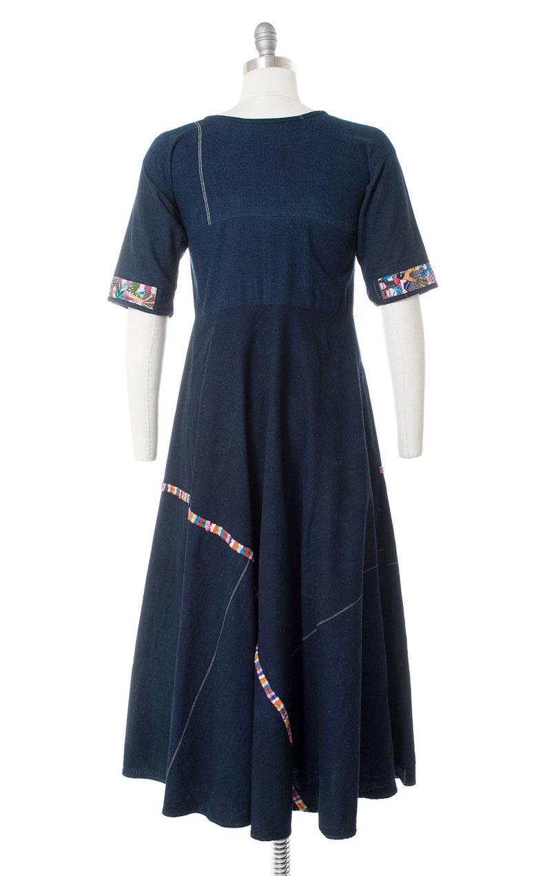 Vintage 1970s Huipil Dress 70s Guatemalan Woven Embroidered Floral Rose & Birds Navy Blue Cotton Maxi Dress small image 4