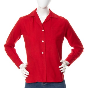 Vintage 1950s Blouse 50s Red Wool Cotton Button Up Man Tailored Long Sleeve Button Up Top small/medium image 3