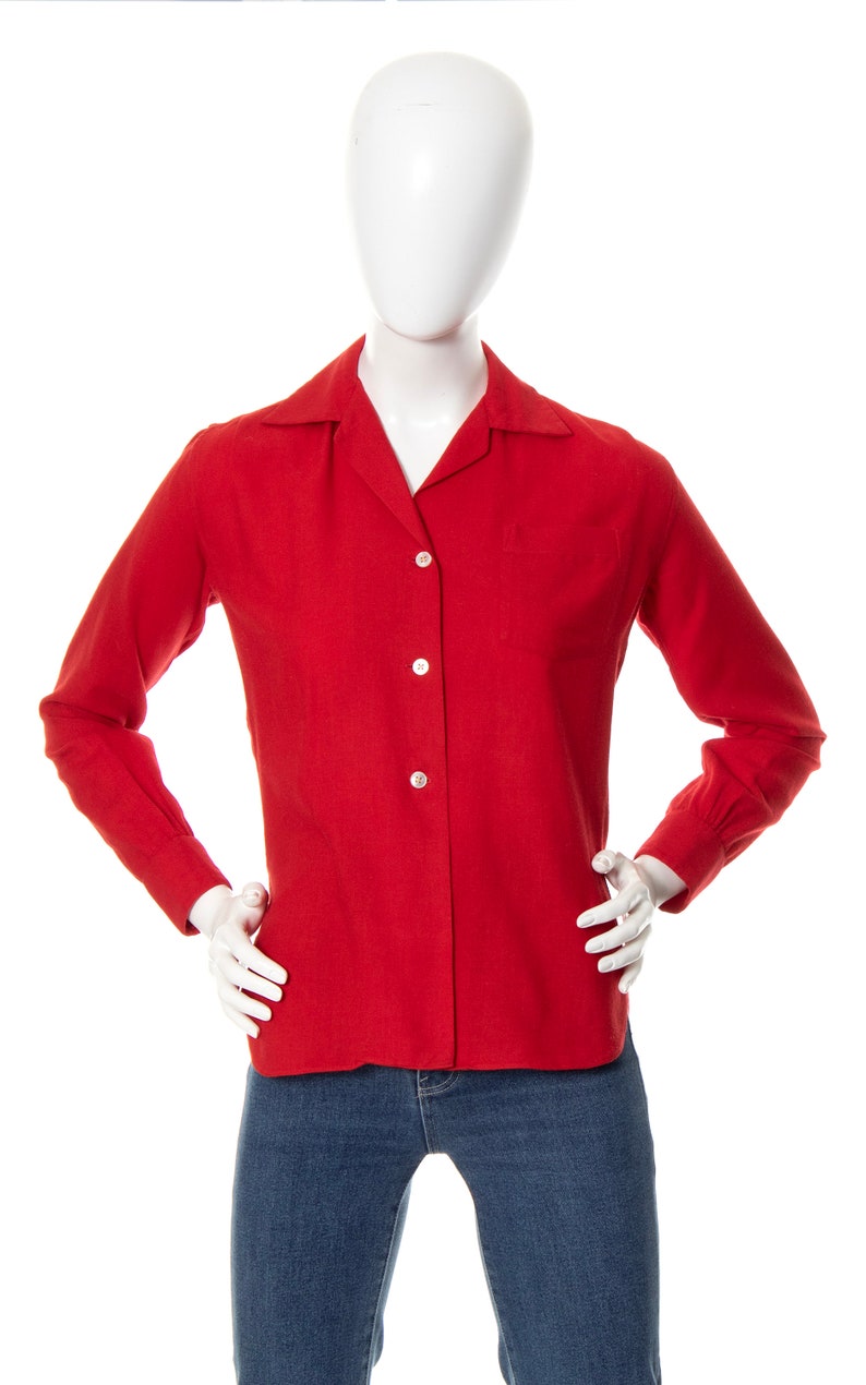 Vintage 1950s Blouse 50s Red Wool Cotton Button Up Man Tailored Long Sleeve Button Up Top small/medium image 3
