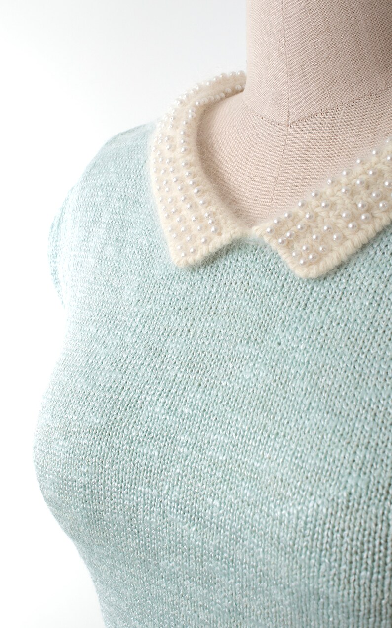 Vintage 1980s Sweater 80s Pearl Beaded Collar Angora Knit Blend Light Blue Fuzzy Cozy Top small/medium image 6