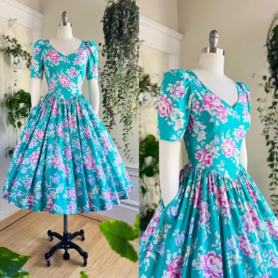 Vintage 1980s Dress | 80s LAURA ASHLEY Teal Floral Rose Print
