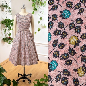 Vintage 1950s Sundress | 50s Fruit Berries Novelty Print Cotton Fit and Flare Sleeveless Summer Day Dress | small