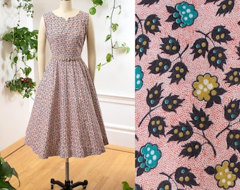Vintage 1950s Sundress | 50s Fruit Berries Novelty Print Cotton Fit and Flare Sleeveless Summer Day Dress | small
