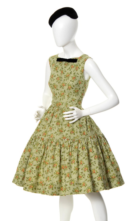 Vintage 1950s Dress | 50s Floral Striped Cotton R… - image 3