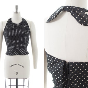 Vintage 1970s Halter Top | 70s Polka Dot Cotton Black Cropped Peplum Pin Up Blouse (small)