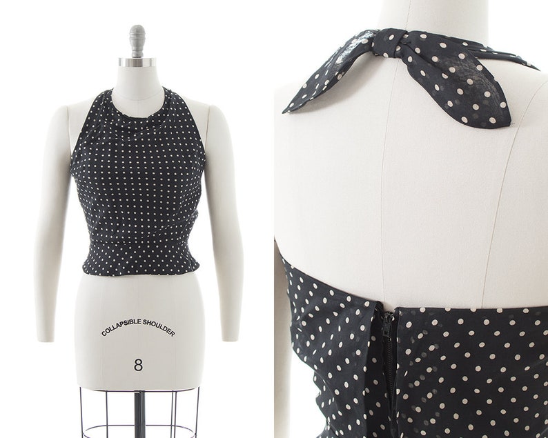 Vintage 1970s Halter Top 70s Polka Dot Cotton Black Cropped Peplum Pin Up Blouse small image 1