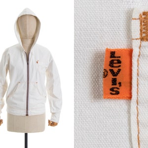 Vintage 1970s Jacket 70s LEVIS Orange Tab White Cotton Denim Hooded Zip Up Boho Minimalist Jacket small/medium image 1