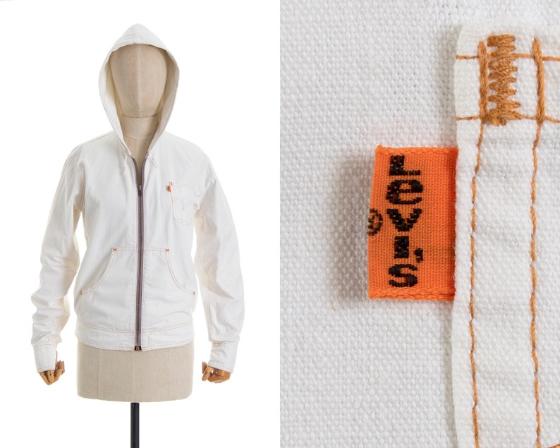 Vintage 1970s Jacket 70s LEVIS Orange Tab White Cotton Denim Hooded Zip Up Boho Minimalist Jacket small/medium image 1