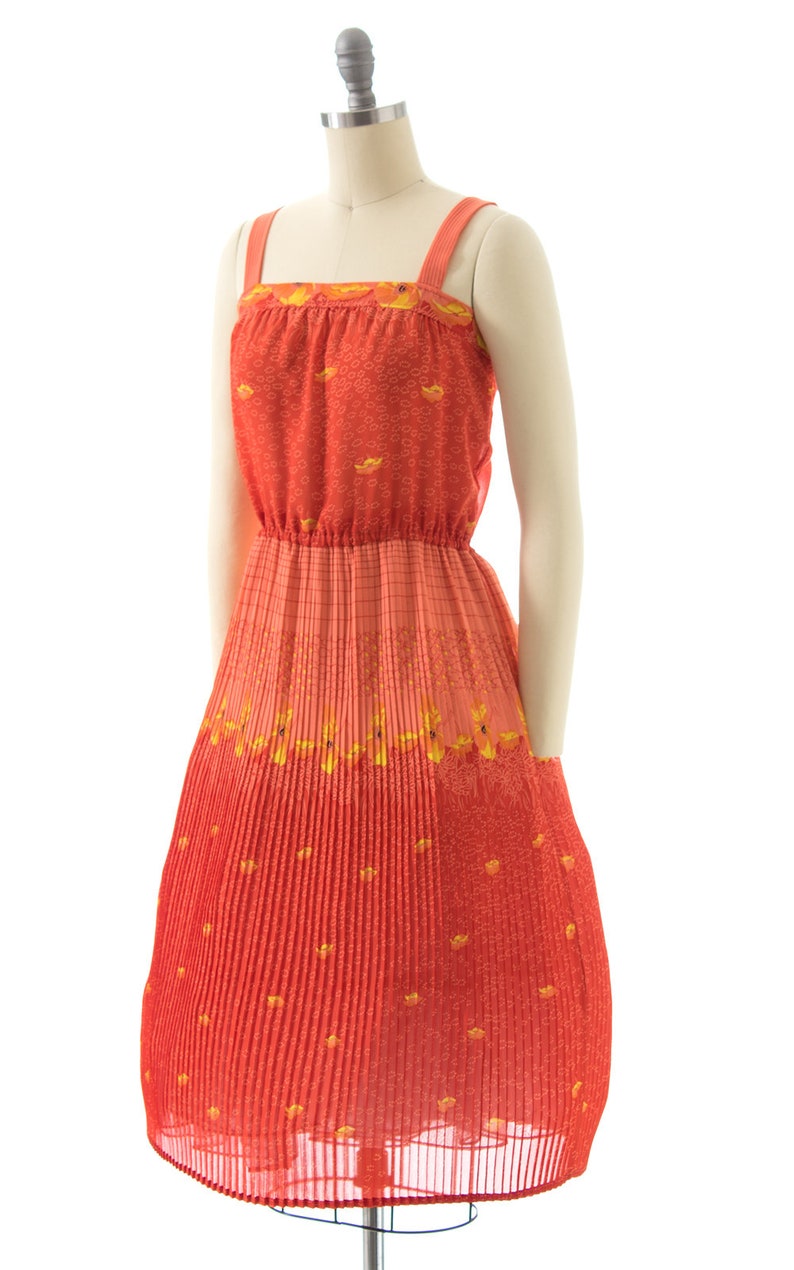 75 DRESS SALE /// Vintage 1980s Sundress 80s Poppy Floral Printed Orange Pleated Skirt Fit and Flare Day Dress xs/small image 3